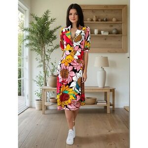 Farm Rio Floral Midi Dress Open Back Puff Sleeve Button Front Colorful Bold Sz M